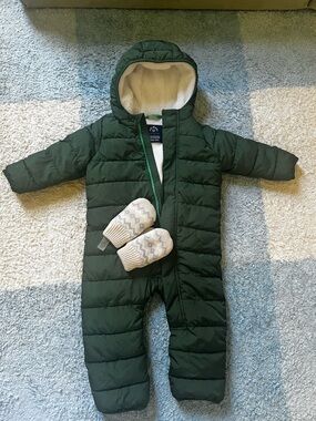 Primary evergreen snow suit and sherpa mittens